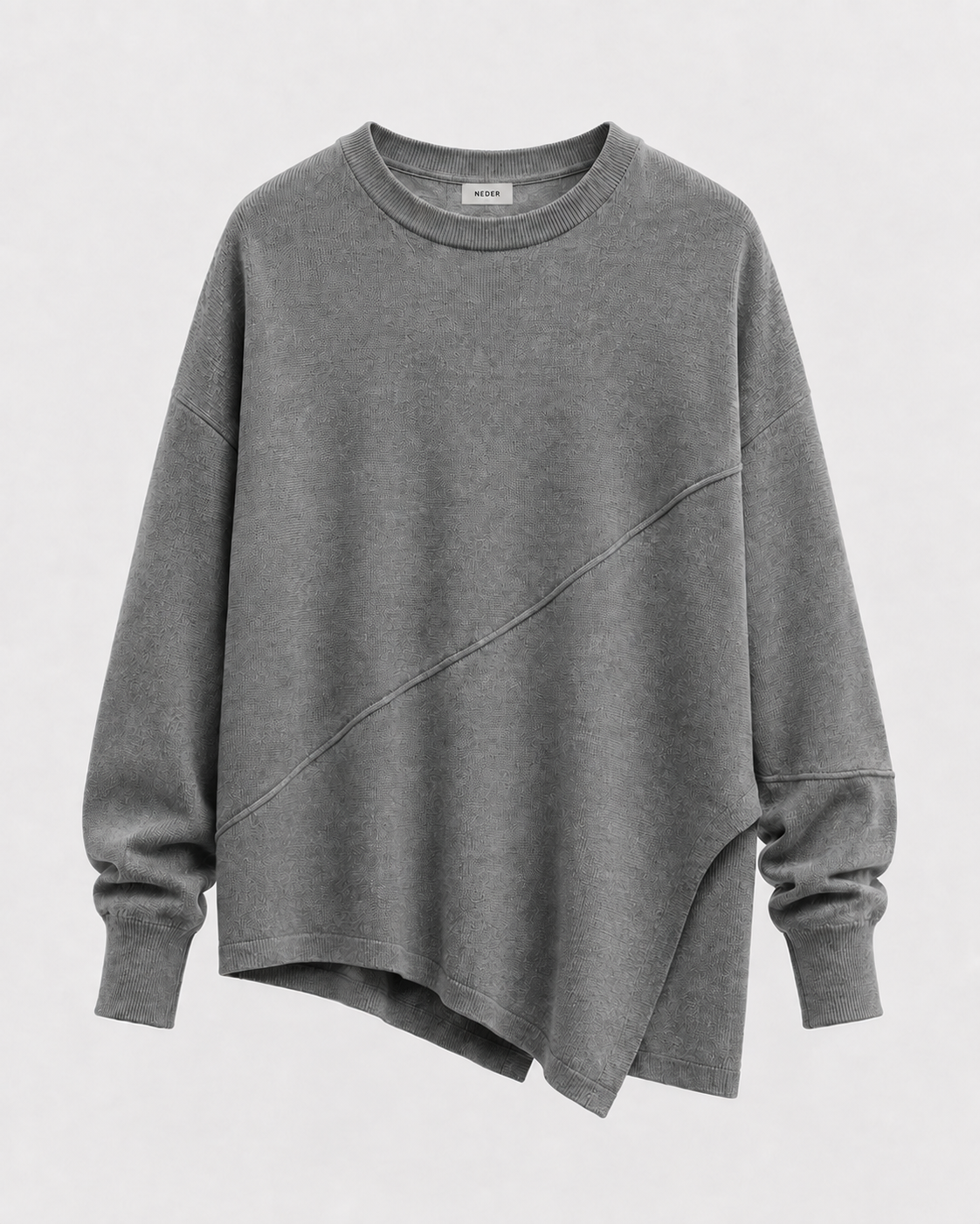 Mid-gray knit sweater with dropped shoulders, elongated sleeves and an off-center curved seam