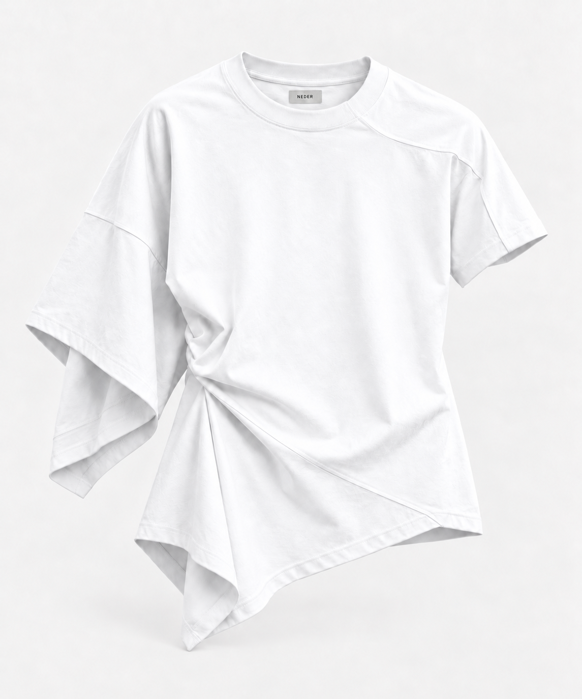 White sculptural T-shirt with one exaggerated sleeve, gathered side and asymmetric hem