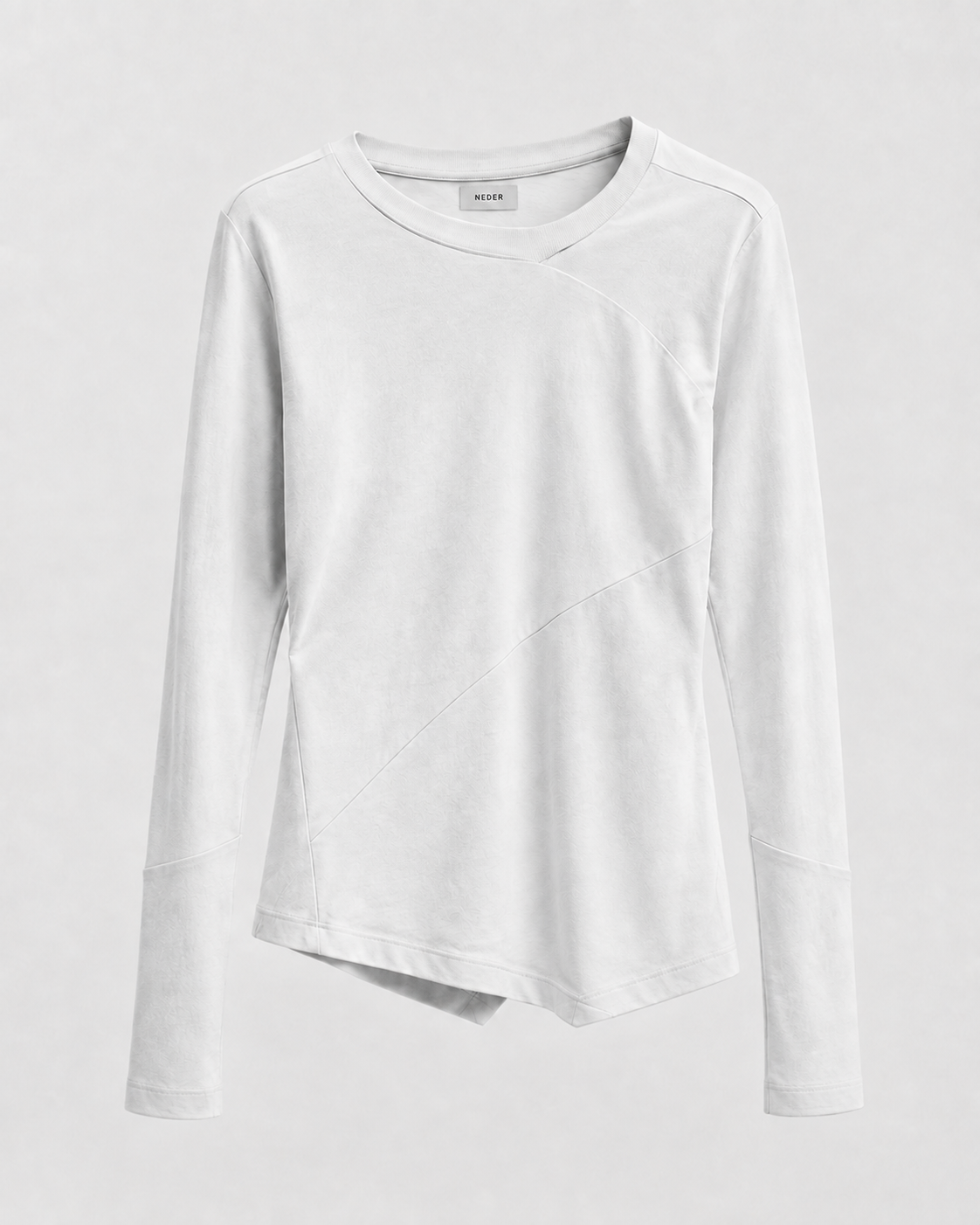 Fitted off-white long-sleeve top with curved body seams, extended cuffs and an asymmetric neckline