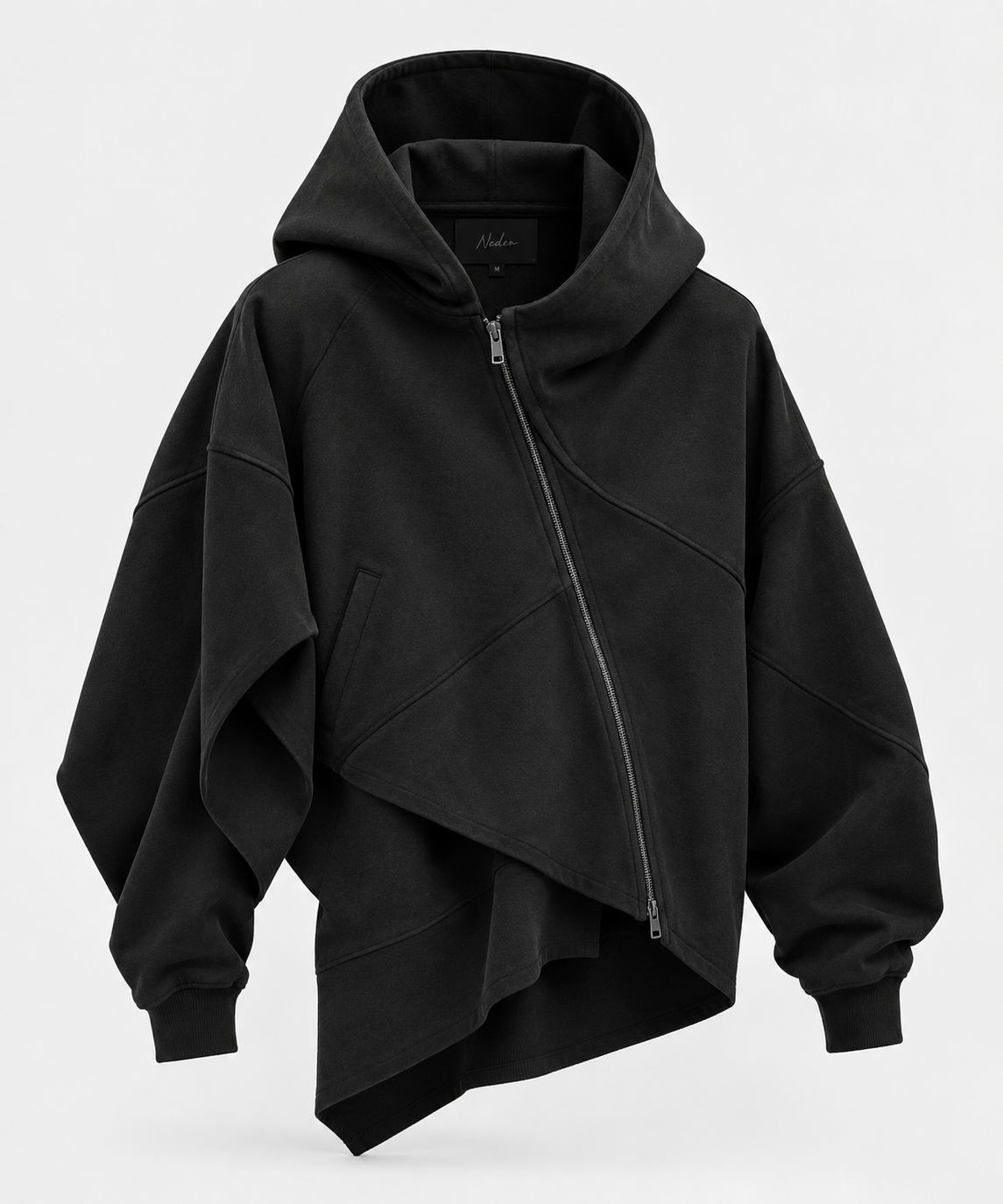 Sculptural black zip hoodie with an architectural hood and asymmetric layered panels, shown in full
