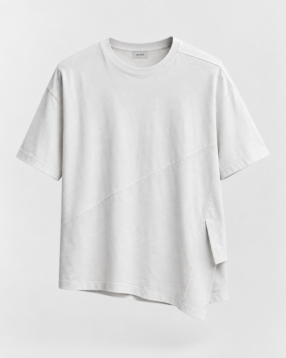 Oversized white T-shirt with diagonal seams, layered side opening and irregular hem